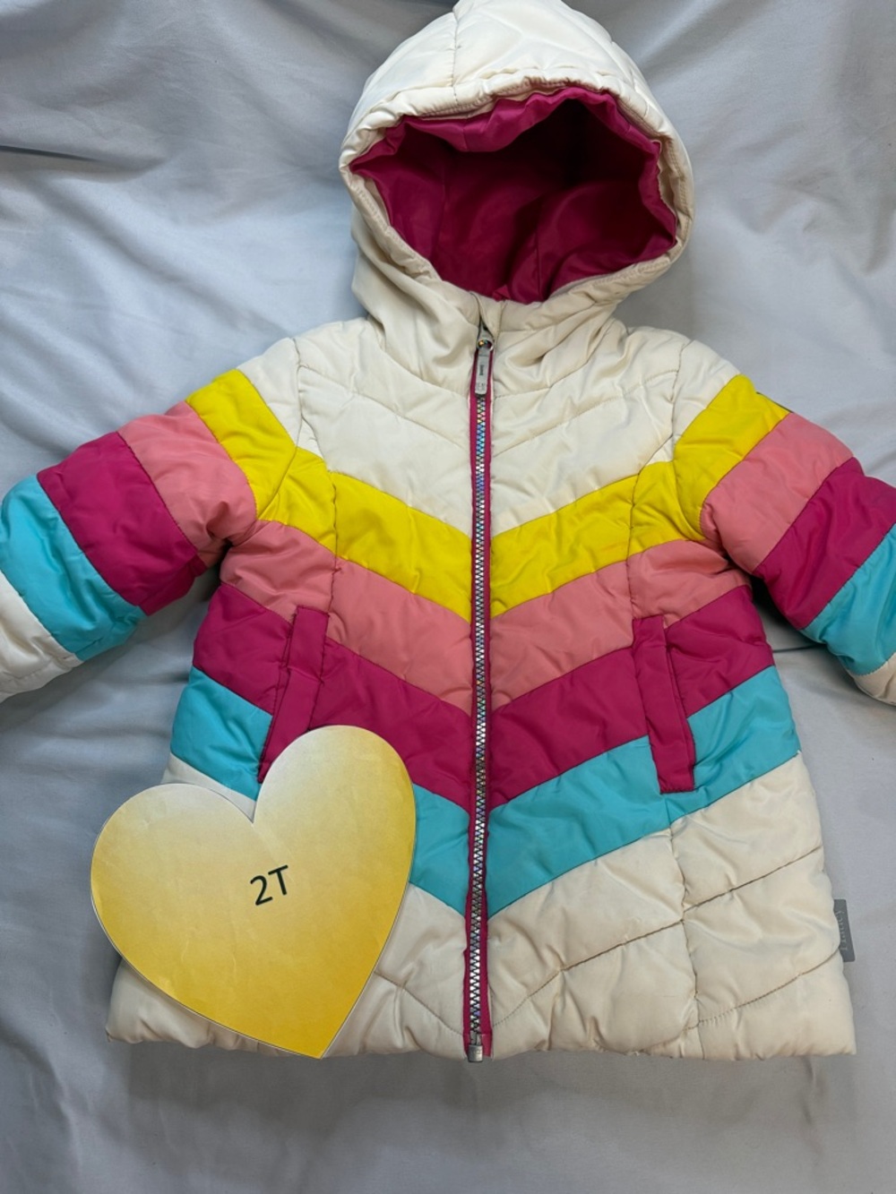 Hatley Cream Puffer Jacket with Pink, Yellow & Aqua Chevron Stripes